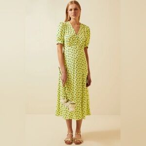 M&S x Ghost Floral Midi Dress Yellow with Blue Hearts Small S Euro 36 UK 8 US 4